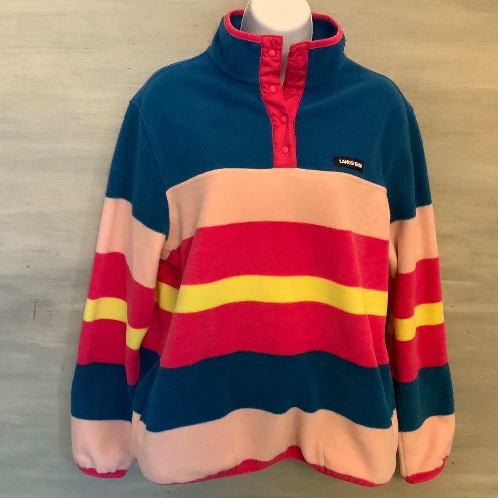 Lands' End Multicolor Striped Heritage Fleece Pullover Sweatshirt Jacket Lg GC